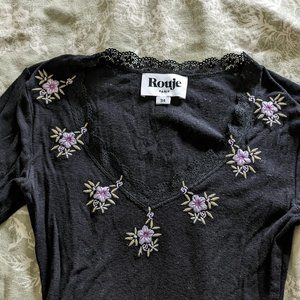 Rouje Guiliana Black Cotton Embroidered Long Sleeve T Shirt